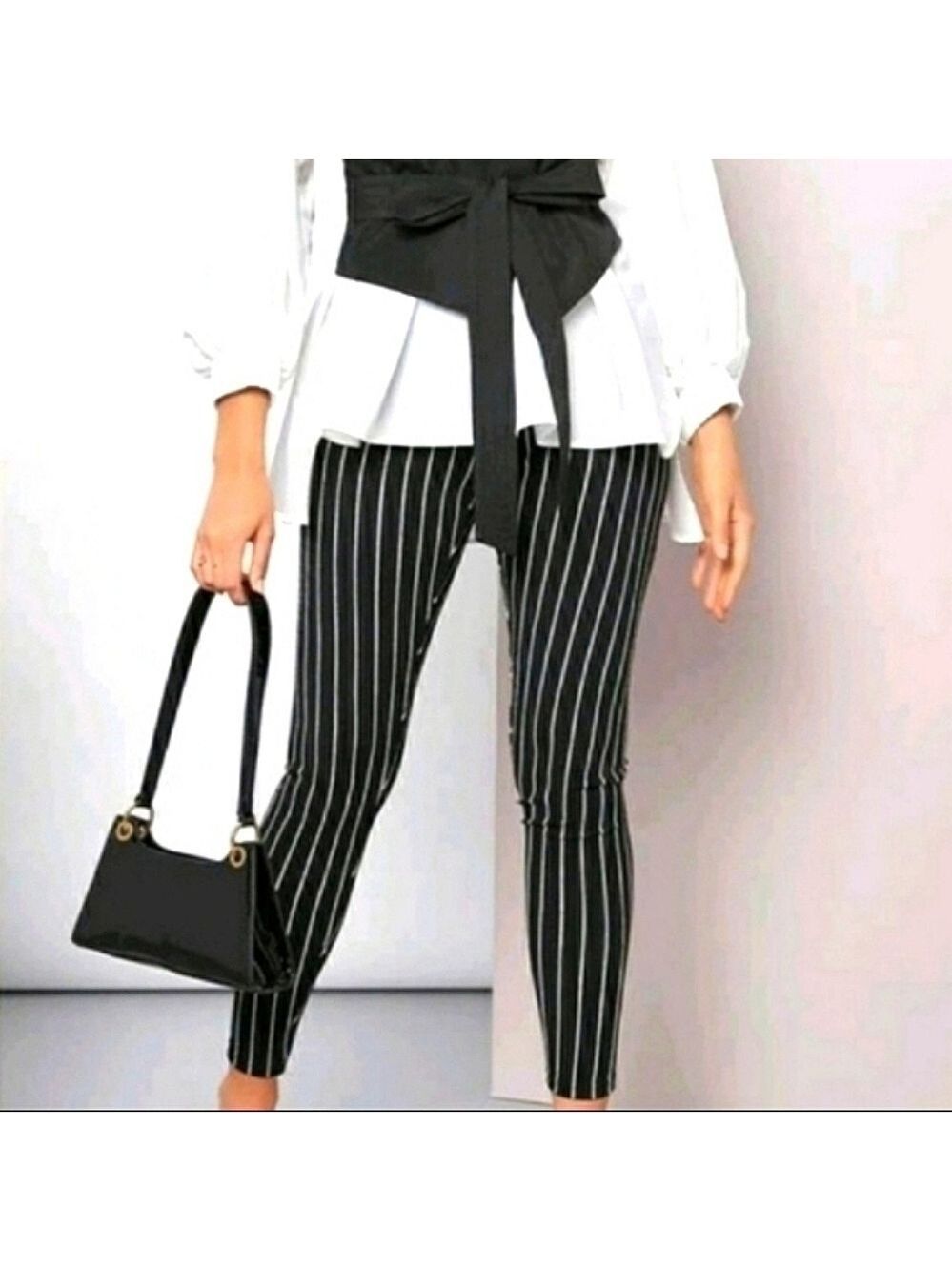 High Waisted Striped Stretch Legging Pant Slim Fit Crop Ankle Elastic Waist New